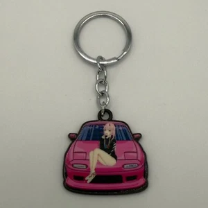 Pink Hair Anime Girl on Hood JDM Double-Sided Metallic Keychain * FREE SHIPPING - Picture 1 of 2