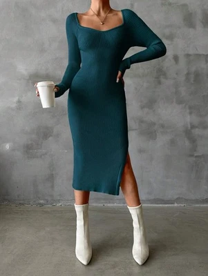 Elegantes Bodycon-Strickkleid mit hohen Schlitzen in Dunkelgrün bei Billig24 - Bild 1 von 4