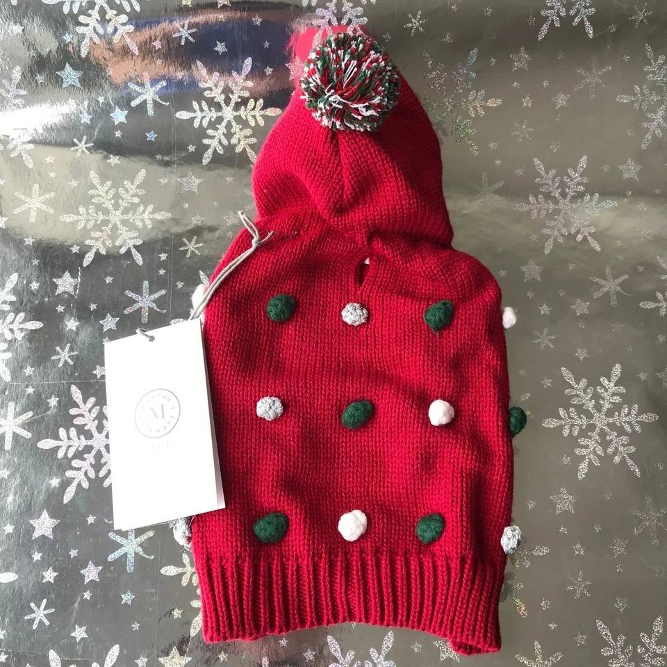 Dog Martha Stewart Pets Red Pom Pom Sweater W/ Hood Sz Small NWT - Image 1 of 4