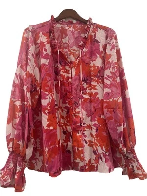 Women’s Long Sleeve Top Sz 2X Red Pink Chiffon  Style Flouncy Fairy Career Boho - Image 1 of 4