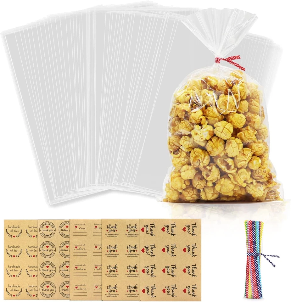 GRANTOP Kleine Cellophantüten 100 Stück Klar 15x25 cm mit Metallischen Bindebändern