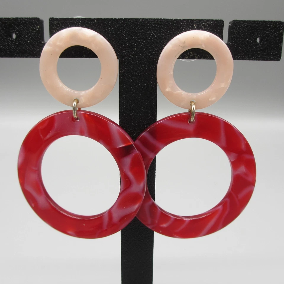 Pendientes Lucite vintage colgantes rosa rojo jaspeado aro poste para orejas perforadas Foto 1 de 4