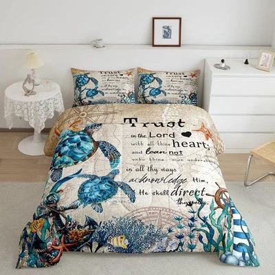 Ocean Turtle Bedding Set Full Size,Retro Nautical Anchor Comforter 3pcs Under... - Image 1 of 4
