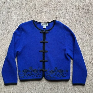 Appleseeds Sweater Womens Large 100% Wool Blue Black Button Up Long Sleeve - Picture 1 of 10
