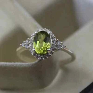 Fede Nuziale Diamante Peridoto Naturale Taglio Ovale 2,68 Ct Oro Bianco Massiccio 14K Vero - Foto 1 di 6
