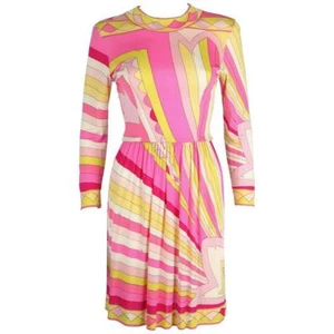 EMILIO PUCCI 1960s Pink Yellow Sunburst Signature Print Silk Jersey Dress Sz 10 - Picture 1 of 11