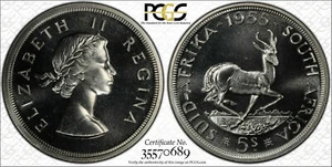 South Africa, 1955 Elizabeth II Five Shillings, 5 Shillings PCGS PR66+ Crown. - Picture 1 of 4