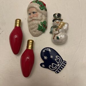 Lot Of 5 Vintage Christmas Pins Ceramic Porcelain Santa Snowman Mitten Bulbs