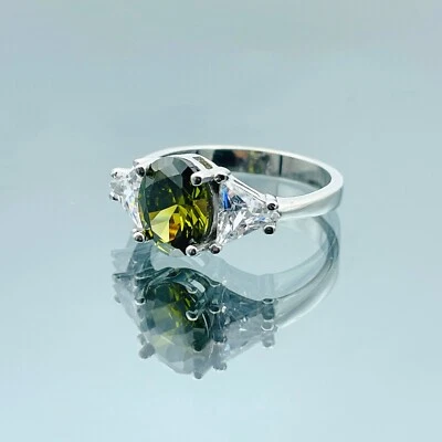 Anillo de plata de ley 925 con piedra peridoto simulada diseño de moda para mujer regalo para ella Foto 1 de 4