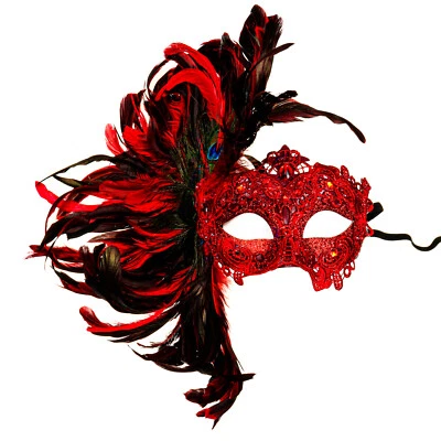 Red Venice Carnival Feather Peacock Mask for Party or Masquerade - Image 1 of 4