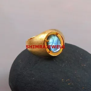 Naturale Pietra Labradorite Con Placcato Oro 925 Argento Sterling Uomo Ring # - Foto 1 di 10