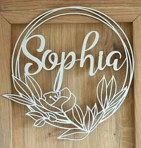 Personalised Script Name Hoop Circle Sign Wall Plaque Wood MDF Flower Decor - Picture 1 of 1