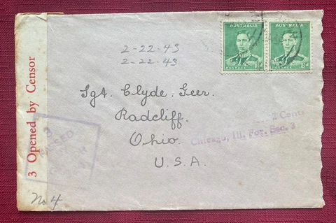 JOHN'S DEALS  - AUSTRALIA - 1943 'OPENED BY CENSOR' MAIL Cover