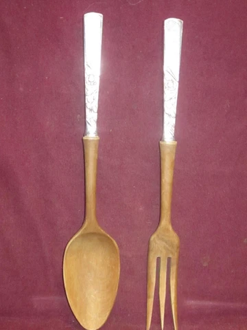Sterling Stieff ROSE MOTIF WOOD SALAD SERVING SET  10 5/8"   Monogram  O Cover