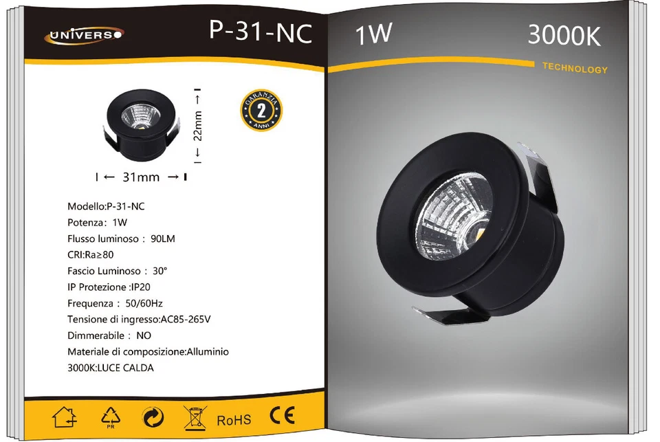 MINI FARETTO LED DA INCASSO PUNTO LUCE 1W 80 LUMEN NERO LUCE CALDA 3000K - Immagine 1 di 1