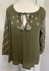 LUCKY BRAND Womens TOP 3/4 Sleeve GREEN White Embroidery Size L