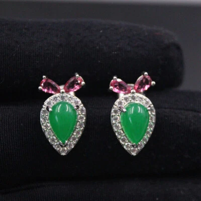 Pendientes pequeños de rubí de lluvia de jade verde hechos a mano de aleación chapada en oro blanco Foto 1 de 4