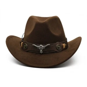 Brown Western Cowboy, Cowgirl Hat, Bull Horns Strap, Men Women Retro Wide Brim - Picture 1 of 10