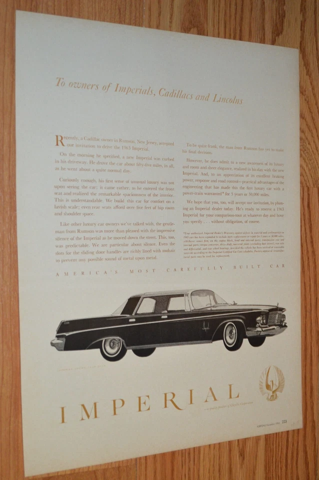 1963 IMPERIAL CROWN ORIGINAL LARGE VINTAGE ADVERTISEMENT AD 63 CHRYSLER - Image 1 of 1