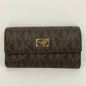 Michael Kors Jet Set Trifold Leather Wallet MK Signature Brown Travel Checkbook - Picture 1 of 15