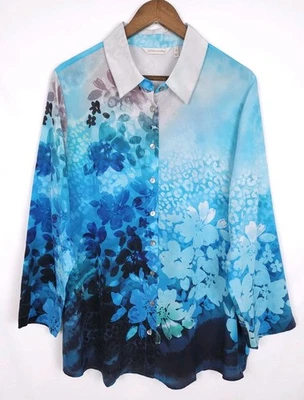 Soft Surroundings Size 1X Blue Black Silk Floral Jolene Button-Up Tunic Top  - Image 1 of 4