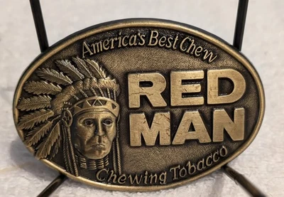 Vintage 1988 Red Man Chewing Tobacco Brass Belt Buckle Pinkerton - Image 1 of 4