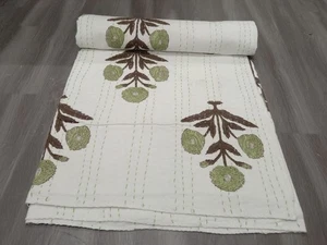 Indian Hand Block Print Floral Kantha Quilt Bedspread Reversible Bedding Quilt - Picture 1 of 5