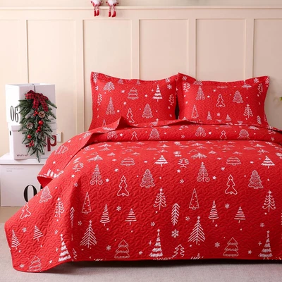2 Pcs Kids Christmas Quilt Set Twin Size, Red Christmas Tree Bedding, Soft Micro - Image 1 of 4