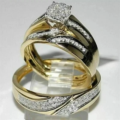 Trio His Her Bridal Engagement Ring Set Lab Created Diamond 14K Yellow Gold Over - Image 1 of 4