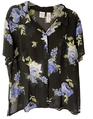 Emma James Топ женщин 16W цветочный черный короткие рукава блузка на пуговицах полупрозрачный - Изображение 1 из 4
