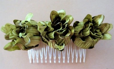 Triple Olive Green Dahlia Bud Poly Silk Flower Hair Comb,Pin Up,Updo,Rockabilly - Image 1 of 2