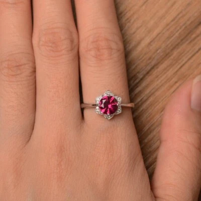 Pink Ruby Minimal Ring 925 Sterling Silver Lab Created Gemstone Women Ring - Image 1 of 4