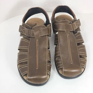 Thom McAn Sandals Mens 11 Brown Faux Leather Closed Toe Hook Loop Strap Bennett  - Picture 1 of 8