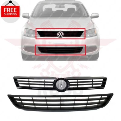 New Front Bumper Upper & Lower Grille Black 2pc Fits 2011-2014 Volkswagen Jetta Foto 1 de 4
