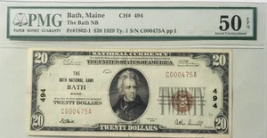 1929 $20 Bath National Bank Of Bath Maine PMG About Uncirculated 50 Charter 494 - Picture 1 of 2