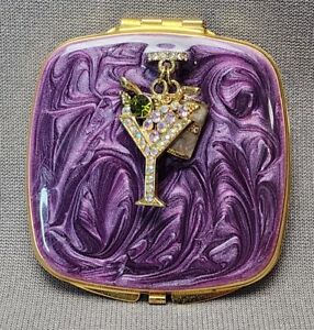 Pocket Compact Mirror Gold-tone Purple Enamel & Rhinestones Martini Glass Charms