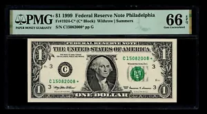 STAR 1999 $1 Federal Reserve Note Philadelphia PMG GEM UNC 66 EPQ - Picture 1 of 2