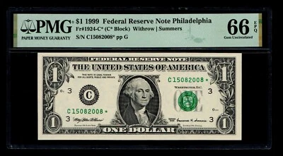 STAR 1999 $1 Federal Reserve Note Philadelphia PMG GEM UNC 66 EPQ - Image 1 of 2