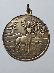 RARE Antique Bronze with Buck Deer Religious Round Pendant 1.5" #8942 - Picture 1 of 5