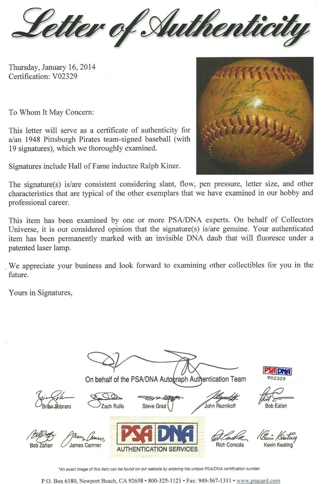 1948 Pirates Team Signed Baseball PSA/DNA LOA Ralph Kiner Tiny Bonham Bill Meyer - Image 1 of 4