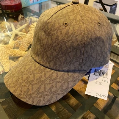 $68 MK MICHAEL KORS MENS BROWN TAN MK LOGO PRINT STRAPBACK BASEBALL CAP HAT NWT - Image 1 of 4