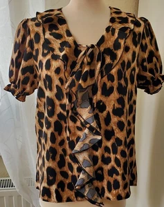 Sexy Schlupf Bluse - Rüschen - Puffärmel - Braun Beige Schwarz - Animal - Gr. S - Bild 1 von 7