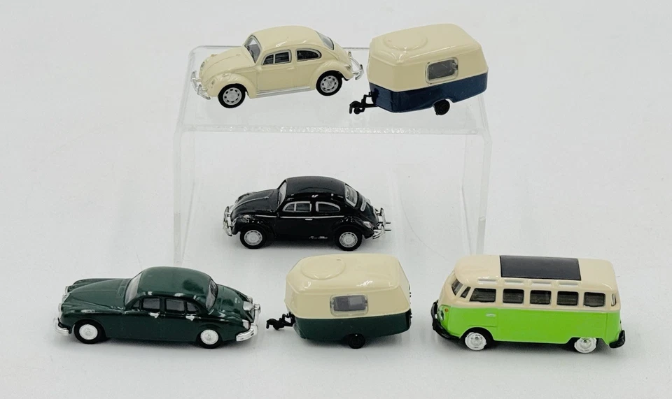 Model Power Minis Malibu 1/87 Jaguar Volkswagen Beetle Trailer 2" Lot Of 6 - Image 1 of 4