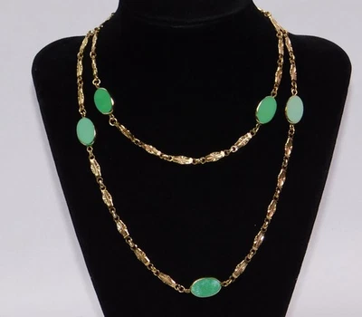 Vintage Glass Green Chalcedony Gold Tone Embossed Navette Link Chain Necklace - Image 1 of 4