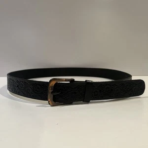 Black Floral Buffalo Leather Belt - Buckle Stamped - VTG - Bild 1 von 7