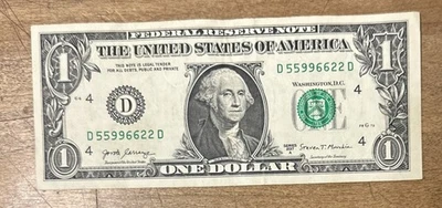 $1 One Dollar Fancy 4 Pairs Together Serial Number D 55996622 D 2017A - Image 1 of 4