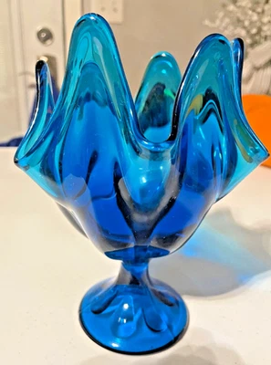 Vintage 7" Viking Glass MCM Bluenique Handkerchief Pedestal Vase Swung Glass - image 1 of 4