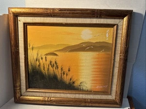 Dipinto olio vintage H. Gailey montagne acqua sole paesaggio vecchio firmato 13x11 Fj - Foto 1 di 6