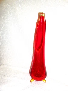 MCM L E Smith 3-toed Red Flame 14" Swung Vase with "nubby" finish. Amber Trim - Picture 1 of 8