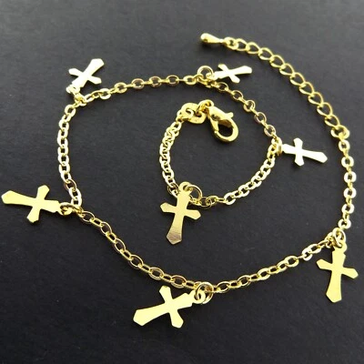 Tobillera Real Oro Amarillo 18k Relleno Cruz Dijes Damas Pulsera Grande 27cm Foto 1 de 3
